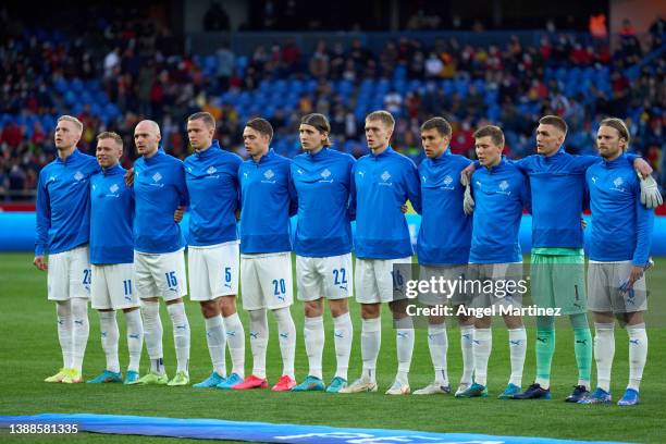 Players of Iceland line up prior to the international friendly match between Spain and Iceland at Riazor Stadium on March 29, 2022 in La Coruna,...