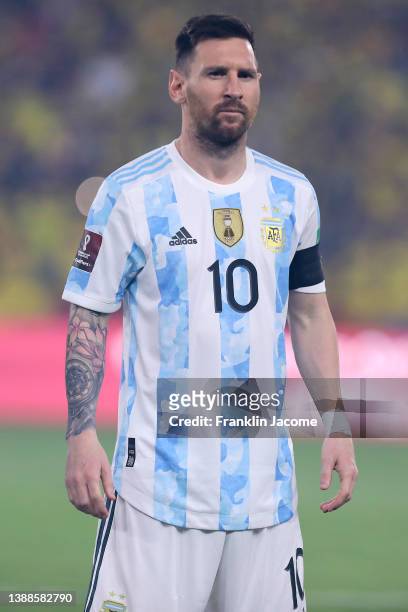 Lionel Messi of Argentina before the FIFA World Cup Qatar 2022 qualification match between Ecuador and Argentina at Estadio Monumental on March 29,...