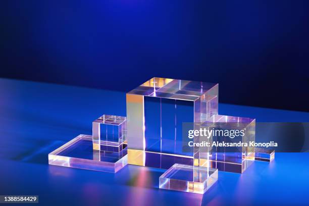 abstract empty geometric shape crystal glass cube pedestal - glowing cube stock pictures, royalty-free photos & images