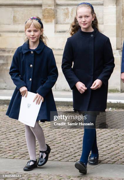 Savannah Philips and Isla Phillips at the Memorial service for The Duke Of Edinburgh Westminster Abbey on March 29, 2022 in London, England.