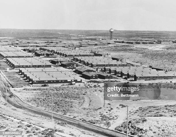 High angle view of the huts of the Minidoka War Relocation Center in the Magic Valley, Jerome County, Idaho, 4th November 1942. Approximately 9,000...