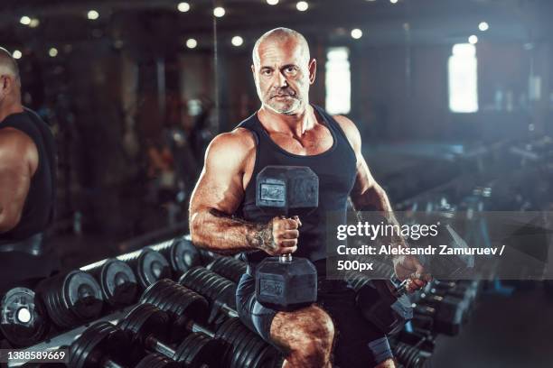 mature male weight lifter exercises and does intense workout in well lit studio gym - macho fotografías e imágenes de stock