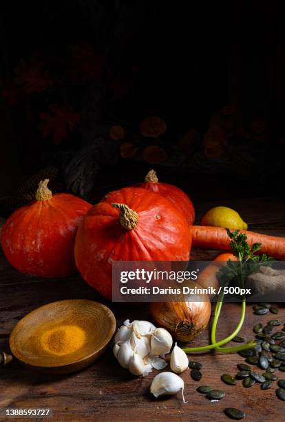 high angle of pumpkin and assorted vegetables on wooden table against black background - organisch fotografías e imágenes de stock