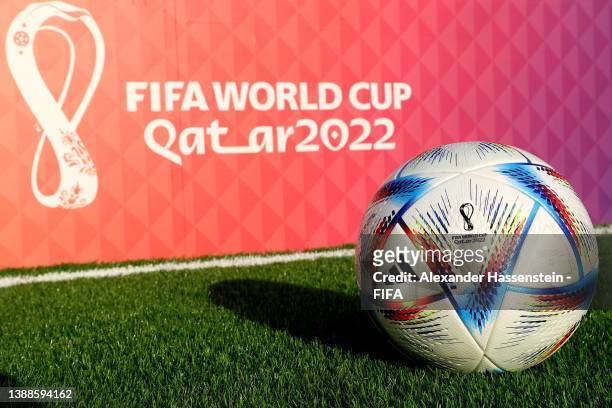 Al-Rihla, the official adidas matchball for the FIFA World Cup Qatar 2022 is pictured on March 30, 2022 in Doha, Qatar.