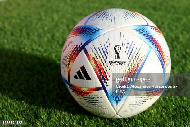 Al-Rihla, the official adidas matchball for the FIFA World Cup Qatar 2022 is pictured on March 30, 2022 in Doha, Qatar.