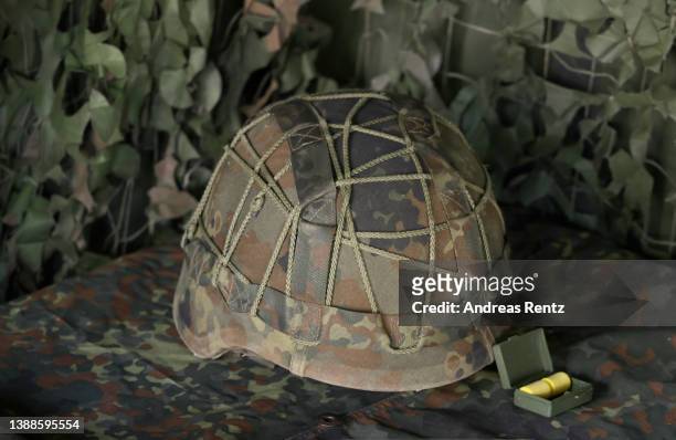 Equipment of the Bundeswehr's Panzerbrigade 21 tank brigade, a combat helmet, is pictured during a visit on March 30, 2022 in Augustdorf, Germany....