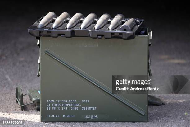 Mm ammunition cartridges for the tank 'Puma' of the Bundeswehr's Panzerbrigade 21 tank brigade is pictured during a visit on March 30, 2022 in...