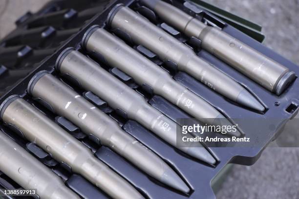 Mm ammunition cartridges for the tank 'Puma' of the Bundeswehr's Panzerbrigade 21 tank brigade is pictured during a visit on March 30, 2022 in...