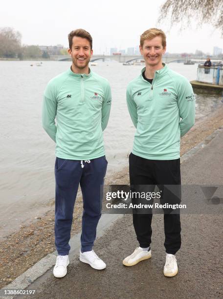 Simon Schuerch and Jamie Hunter of Cambridge pose for a photograph during a Media Day ahead of The Gemini Boat Race on March 30, 2022 in London,...