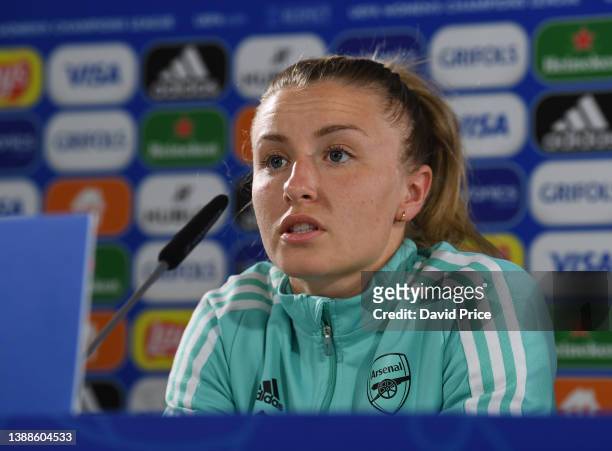 Leah Williamson of Arsenal attends the Arsenal Women's Press Conference at Volkswagen Arena on March 30, 2022 in Wolfsburg, Germany.