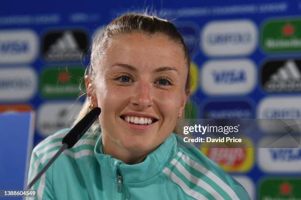 Leah Williamson of Arsenal attends the Arsenal Women's Press Conference at Volkswagen Arena on March 30, 2022 in Wolfsburg, Germany.