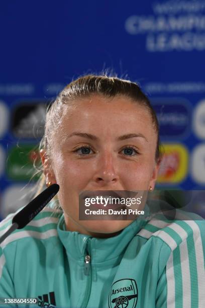 Leah Williamson of Arsenal attends the Arsenal Women's Press Conference at Volkswagen Arena on March 30, 2022 in Wolfsburg, Germany.