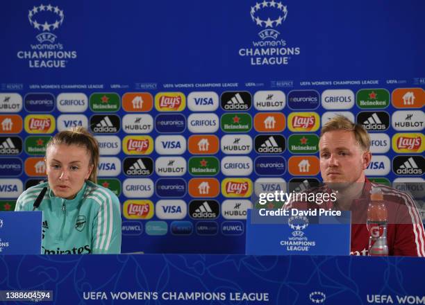 Jonas Eidevall the Arsenal Women's Head Coach and Leah Williamson attend the Arsenal Women's Press Conference at Volkswagen Arena on March 30, 2022...