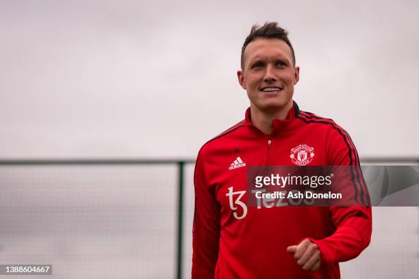 Phil Jones of Manchester United in action during a first team training session at Carrington Training Ground on March 30, 2022 in Manchester, England.
