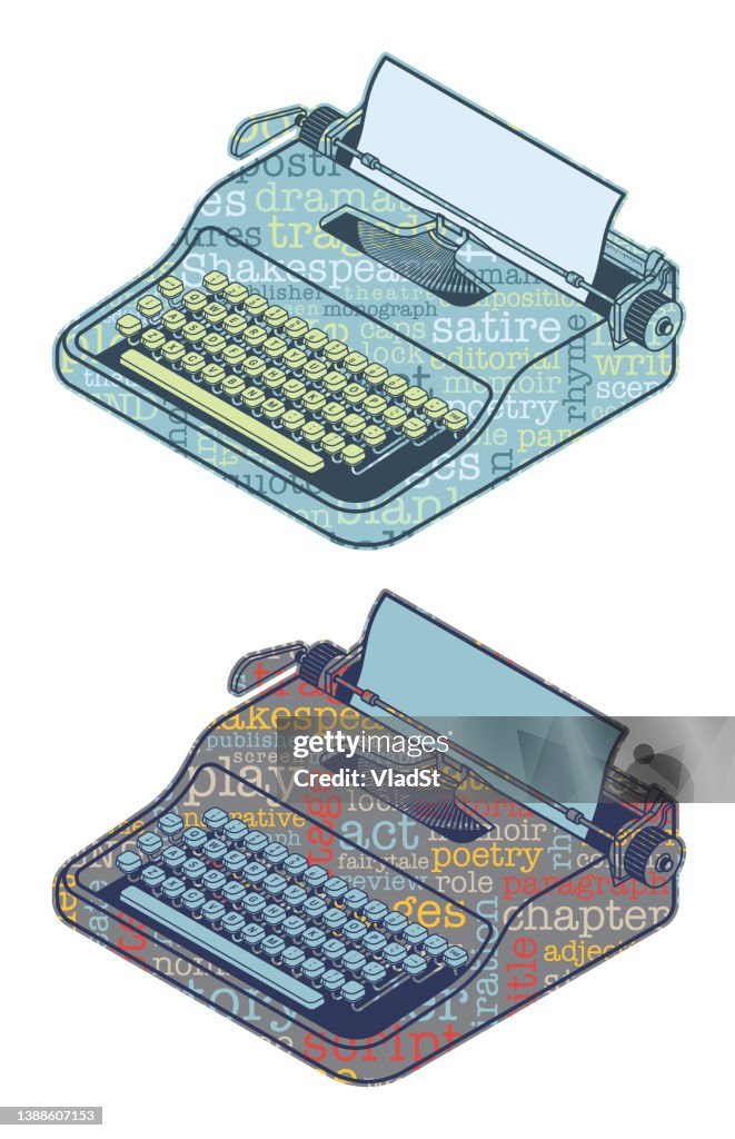 Vintage Typewriter Playwright Writer Script Essay Novel Word Cloud Isometric Vector