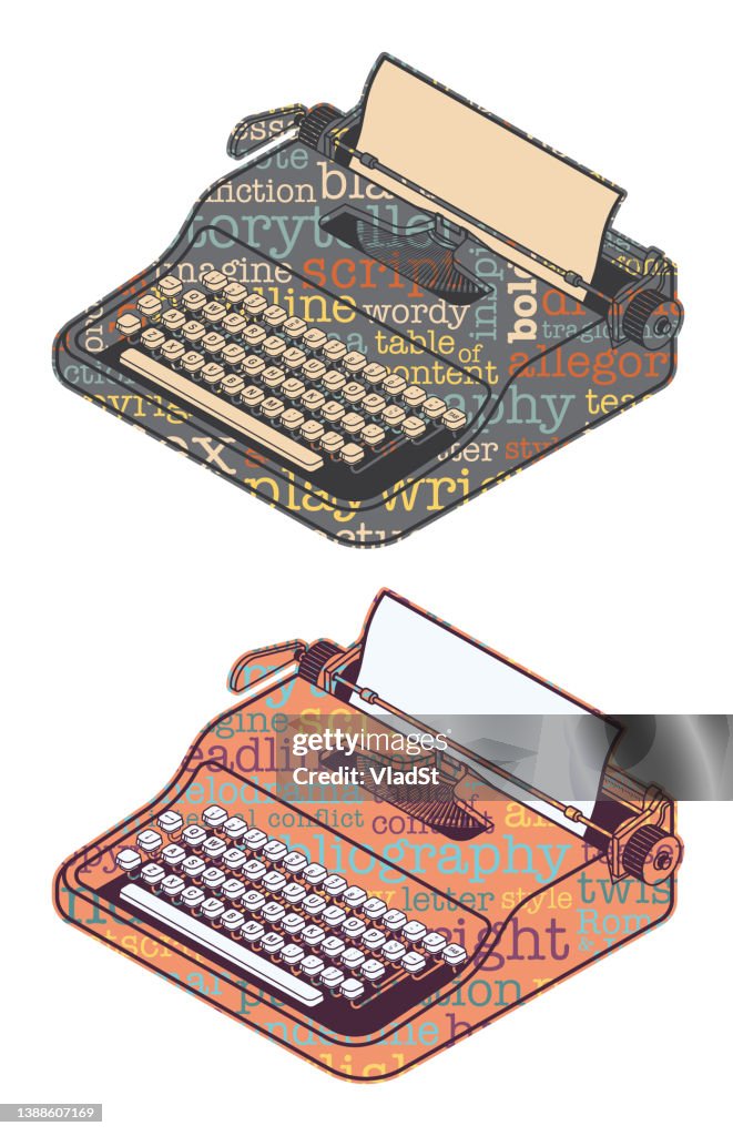 Vintage Typewriter Playwright Writer Script Essay Novel Word Cloud Isometric Vector
