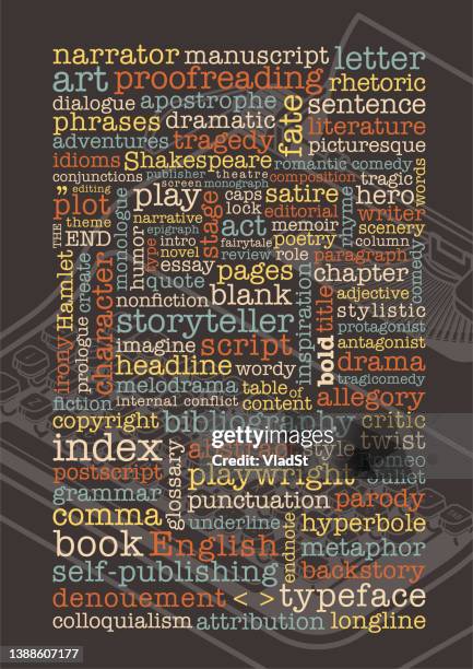 vintage typewriter playwright writer word cloud poster brochure design - 文學作品 幅插畫檔、美工圖案、卡通及圖標