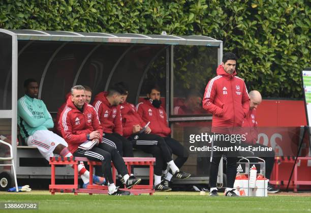 Arsenal manager Mikel Arteta during a friendly match between Arsenal XI and Brentford B at London Colney on March 30, 2022 in St Albans, England.