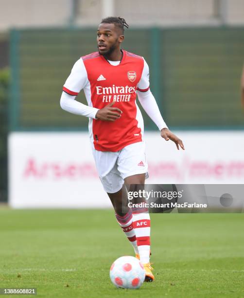Nuno Tavares of Arsenal during a friendly match between Arsenal XI and Brentford B at London Colney on March 30, 2022 in St Albans, England.