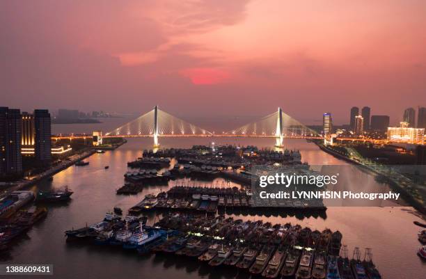 ship and boat parked inside the modern haikou century bridge to avoid typhoon - haikou foto e immagini stock