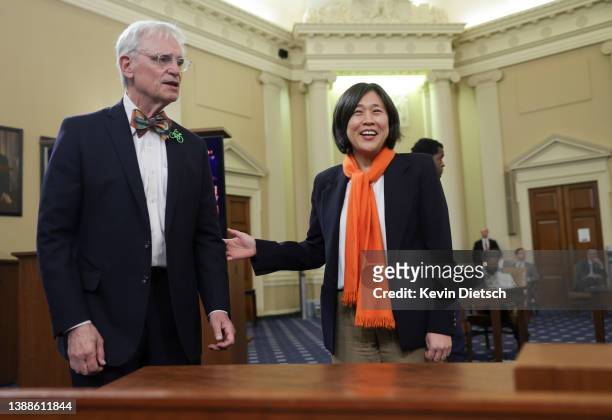 Trade Representative Katherine Tai talks to U.S. Rep. Earl Blumenauer before testifying before the House Ways and Means Committee at the Longworth...