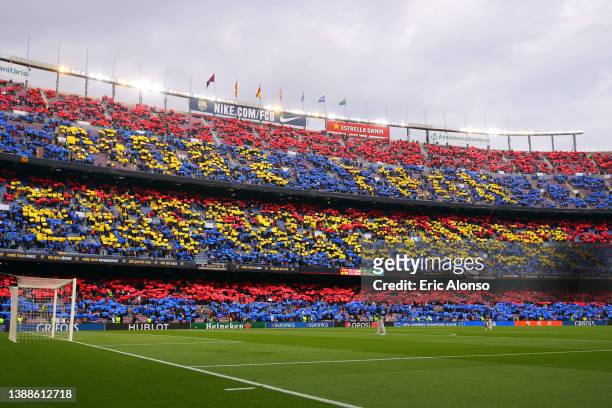 General view inside the stadium as fans perform a tifo prior to the UEFA Women's Champions League Quarter Final Second Leg match between FC Barcelona...