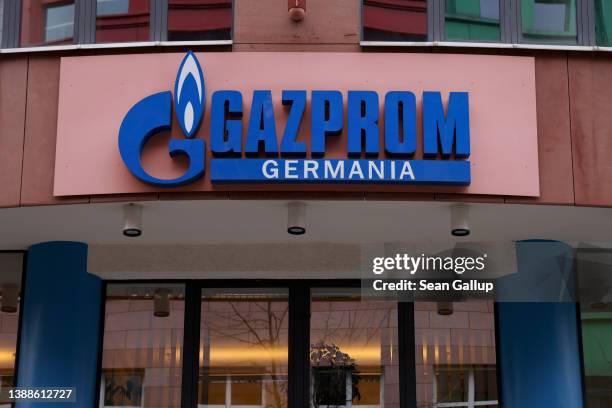 The corporate headquarters of Gazprom Germania, the German unit of Russian natural gas company Gazprom, stands on March 30, 2022 in Berlin, Germany....