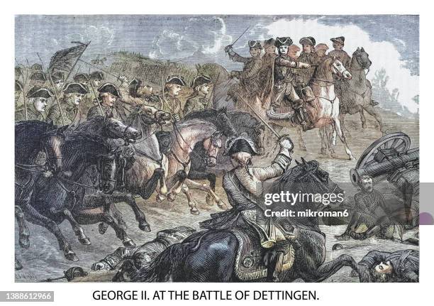 old engraved illustration of king george ii at the battle of dettingen (1743) - battlefield stock-fotos und bilder