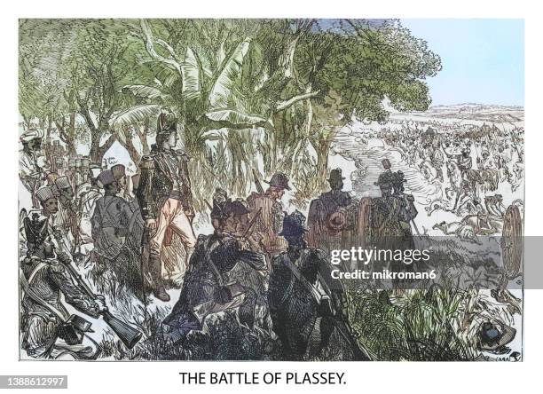 old engraved illustration of battle of plassey (23 june 1757) - belgium india stock pictures, royalty-free photos & images