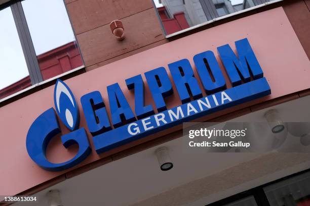 The corporate headquarters of Gazprom Germania, the German unit of Russian natural gas company Gazprom, stands on March 30, 2022 in Berlin, Germany....