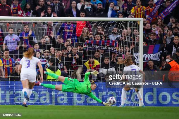 Sandra Panos of FC Barcelona fails to save a penalty shot from Olga Carmona of Real Madrid which leads to the first goal for Real Madrid during the...