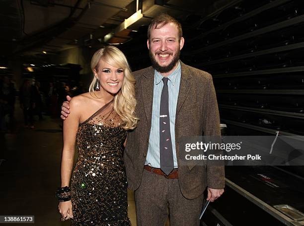 Singer Carrie Underwood and musician Justin Vernon of Bon Iver attend The 54th Annual GRAMMY Awards Media Center at Staples Center on February 12,...