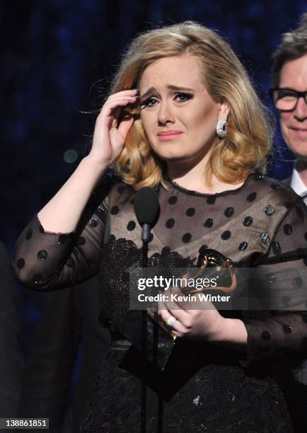 Singer Adele accepts the award for 'Album of the Year' onstage at the 54th Annual GRAMMY Awards held at Staples Center on February 12, 2012 in Los...