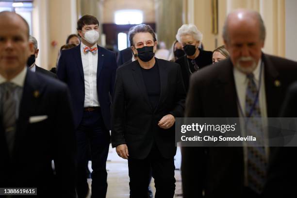 Frontman and human rights activist Bono Vox moves through the U.S. Capitol between meetings on March 30, 2022 in Washington, DC. Bono is on Capitol...