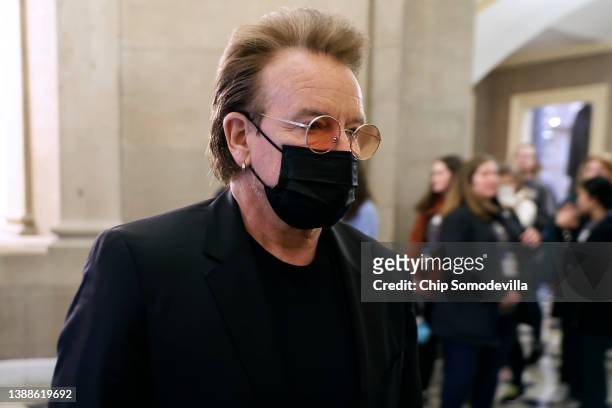 Frontman and human rights activist Bono Vox heads into Speaker of the House Nancy Pelosi's office at the U.S. Capitol on March 30, 2022 in...
