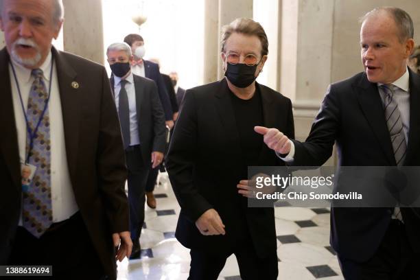 Frontman and human rights activist Bono Vox heads into Speaker of the House Nancy Pelosi's office at the U.S. Capitol on March 30, 2022 in...