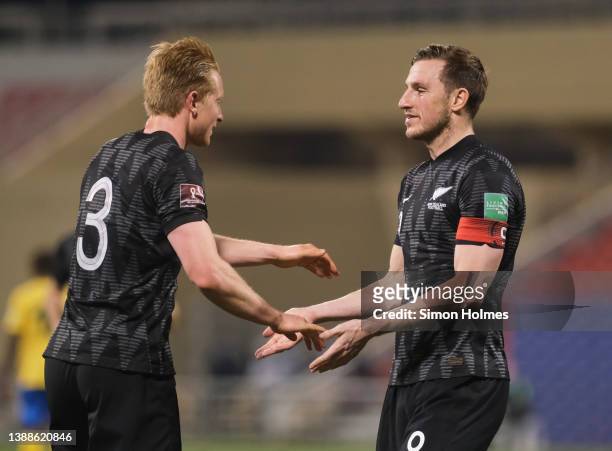 Chris Wood of New Zealand celebrates after scoring during the 2022 FIFA World Cup Oceania Qualifier Final match between Solomon Islands and New...