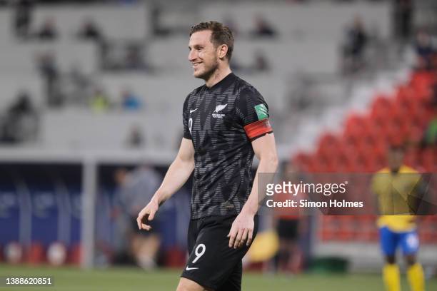 Chris Wood of New Zealand celebrates after scoring at Grand Hamad Stadium on March 30, 2022 in Doha, Qatar.