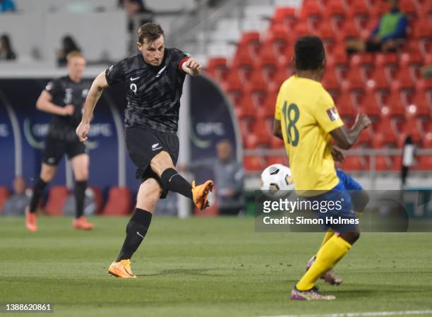 Chris Wood of New Zealand shoots at goal during the 2022 FIFA World Cup Oceania Qualifier Final match between Solomon Islands and New Zealand at...