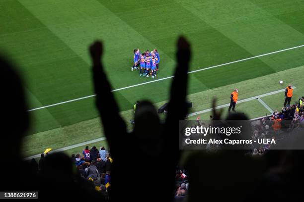 General view as fans celebrate after Aitana Bonmati of FC Barcelona scored their side's second goal during the UEFA Women's Champions League Quarter...