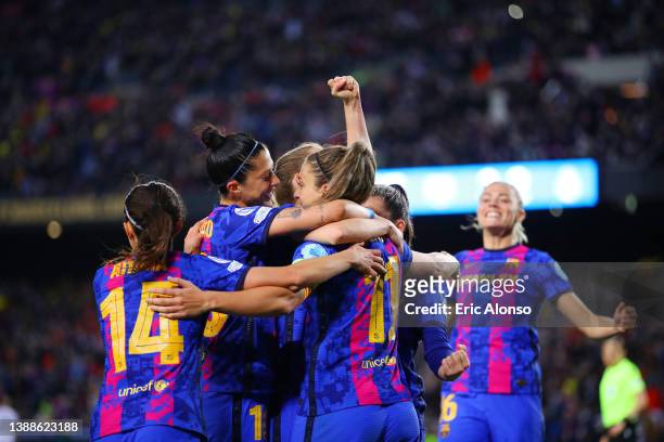 Alexia Putellas of FC Barcelona celebrates with teammates after scoring their team's fourth goal during the UEFA Women's Champions League Quarter...