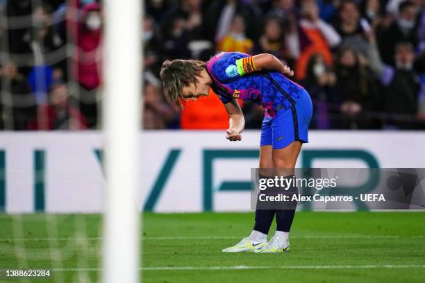 Alexia Putellas of FC Barcelona celebrates after scoring their team's fourth goal during the UEFA Women's Champions League Quarter Final Second Leg...