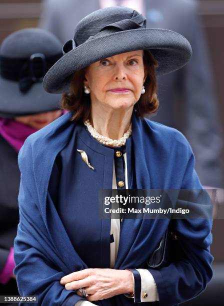 Queen Silvia of Sweden attends a Service of Thanksgiving for the life of Prince Philip, Duke of Edinburgh at Westminster Abbey on March 29, 2022 in...