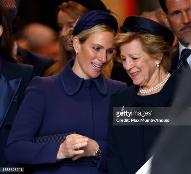Zara Tindall and Queen Anne-Marie of Greece attend a Service of Thanksgiving for the life of Prince Philip, Duke of Edinburgh at Westminster Abbey on...