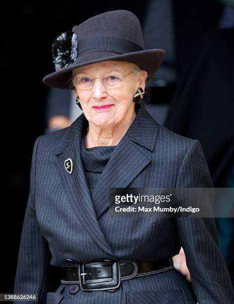 Queen Margrethe II of Denmark attends a Service of Thanksgiving for the life of Prince Philip, Duke of Edinburgh at Westminster Abbey on March 29,...