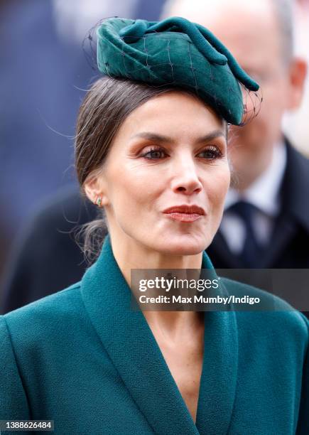 Queen Letizia of Spain attends a Service of Thanksgiving for the life of Prince Philip, Duke of Edinburgh at Westminster Abbey on March 29, 2022 in...