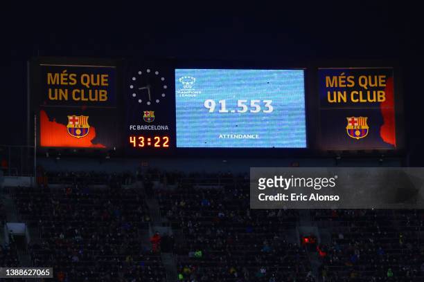 Record attendance number of 91,553 is displayed on the LED boards during the UEFA Women's Champions League Quarter Final Second Leg match between FC...