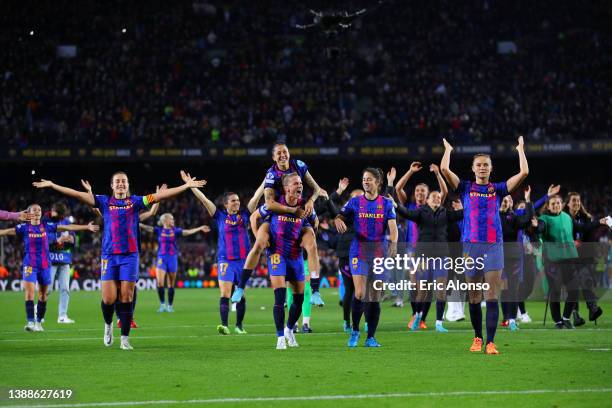 Players of FC Barcelona celebrate following their side's victory in the UEFA Women's Champions League Quarter Final Second Leg match between FC...