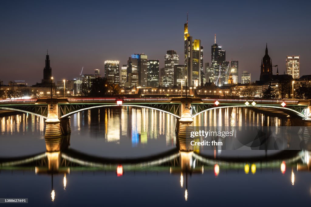 Frankfurt/ Main skyline at sunset (Hesse, Germany)