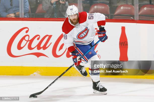 David Savard of the Montreal Canadiens passes the puck during first period action against the Florida Panthers at the FLA Live Arena on March 29,...